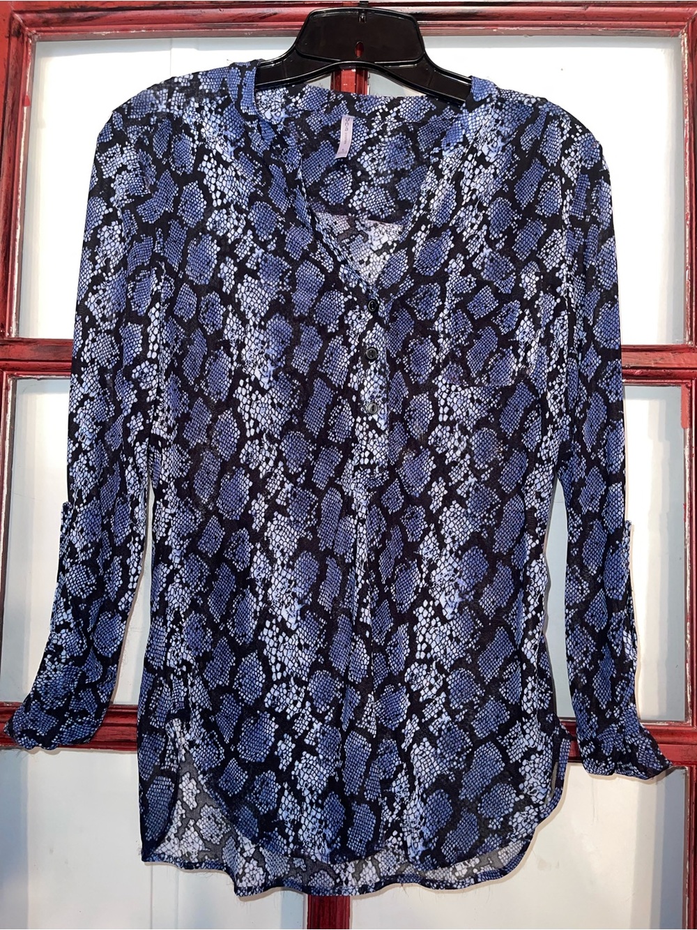 Blue Snake Print Henley Blouse